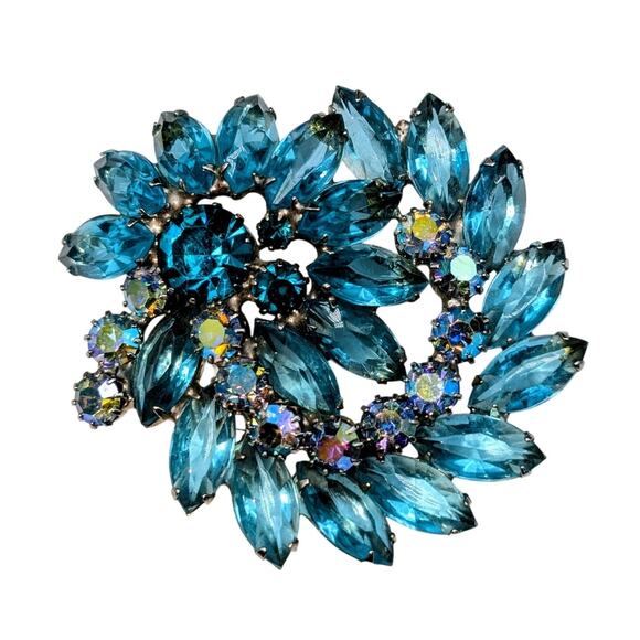 Vintage Signed Weiss Blue & AB Rhinestone Large Brooch